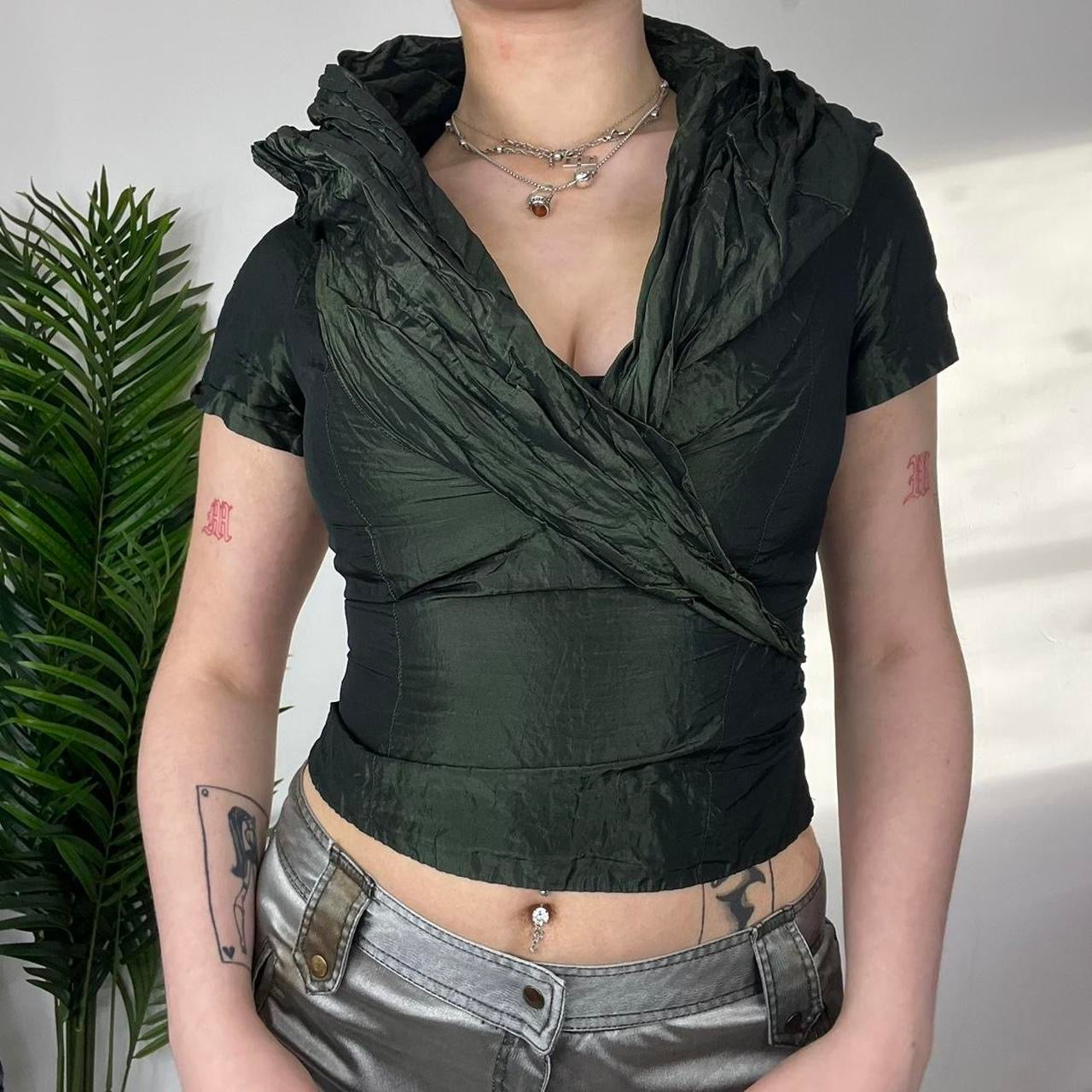 90s Organza Off Shoulder Green Metallic Top