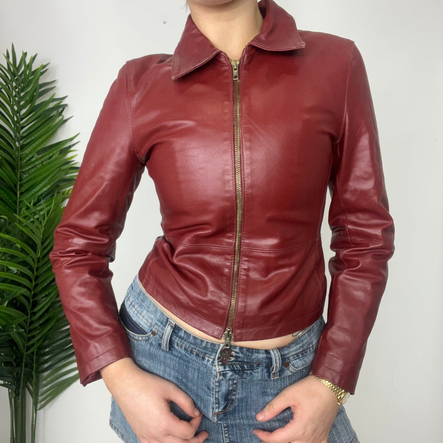 Y2K Burgundy Zip Leather Jacket