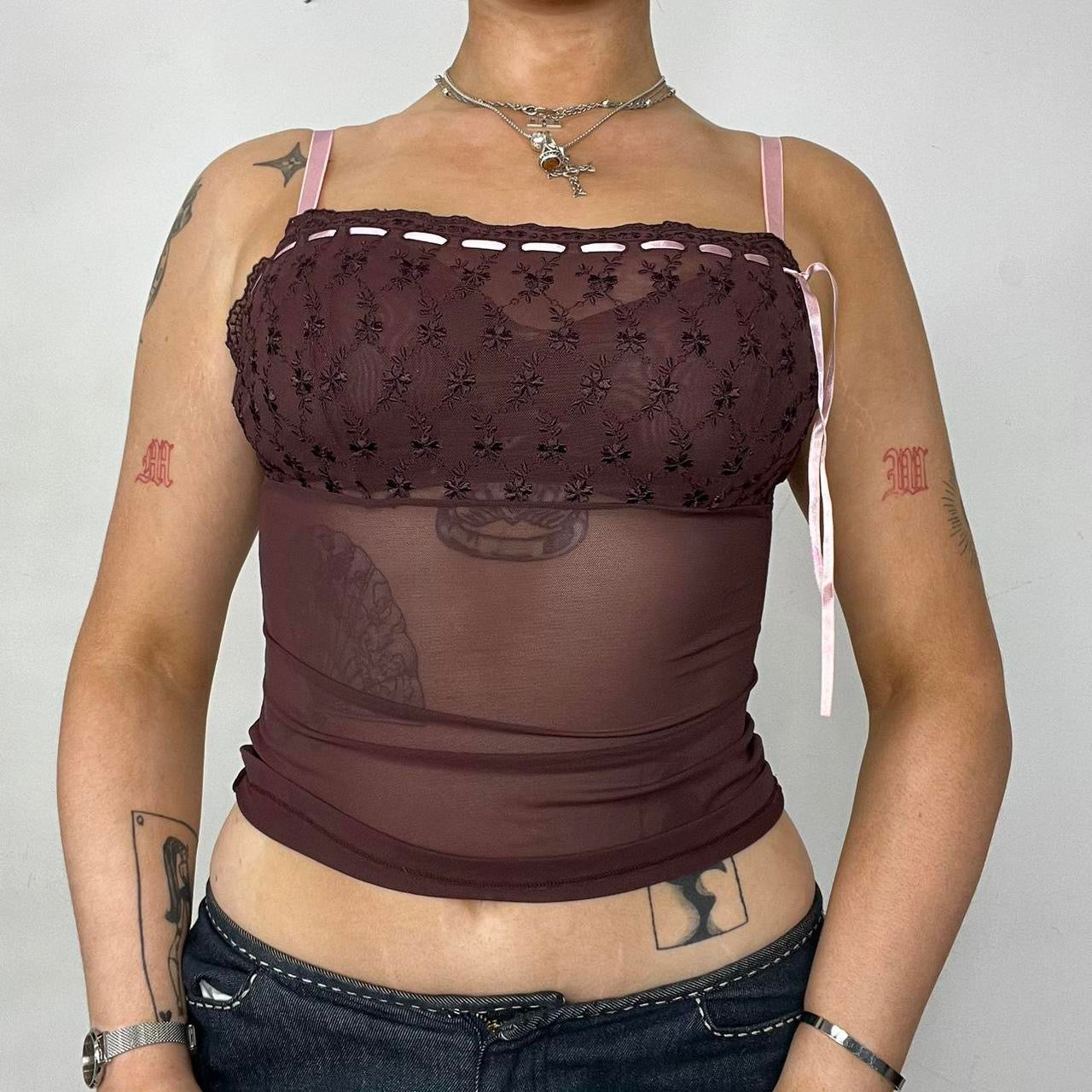 90s Burgundy Mesh Embroidered Lingerie Cami Top