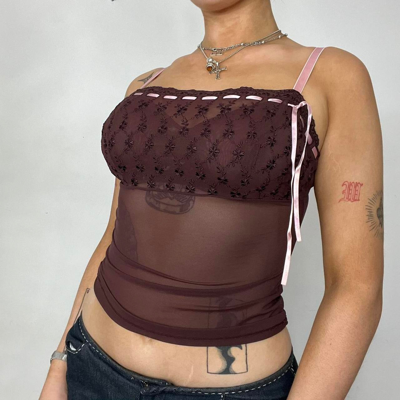 90s Burgundy Mesh Embroidered Lingerie Cami Top