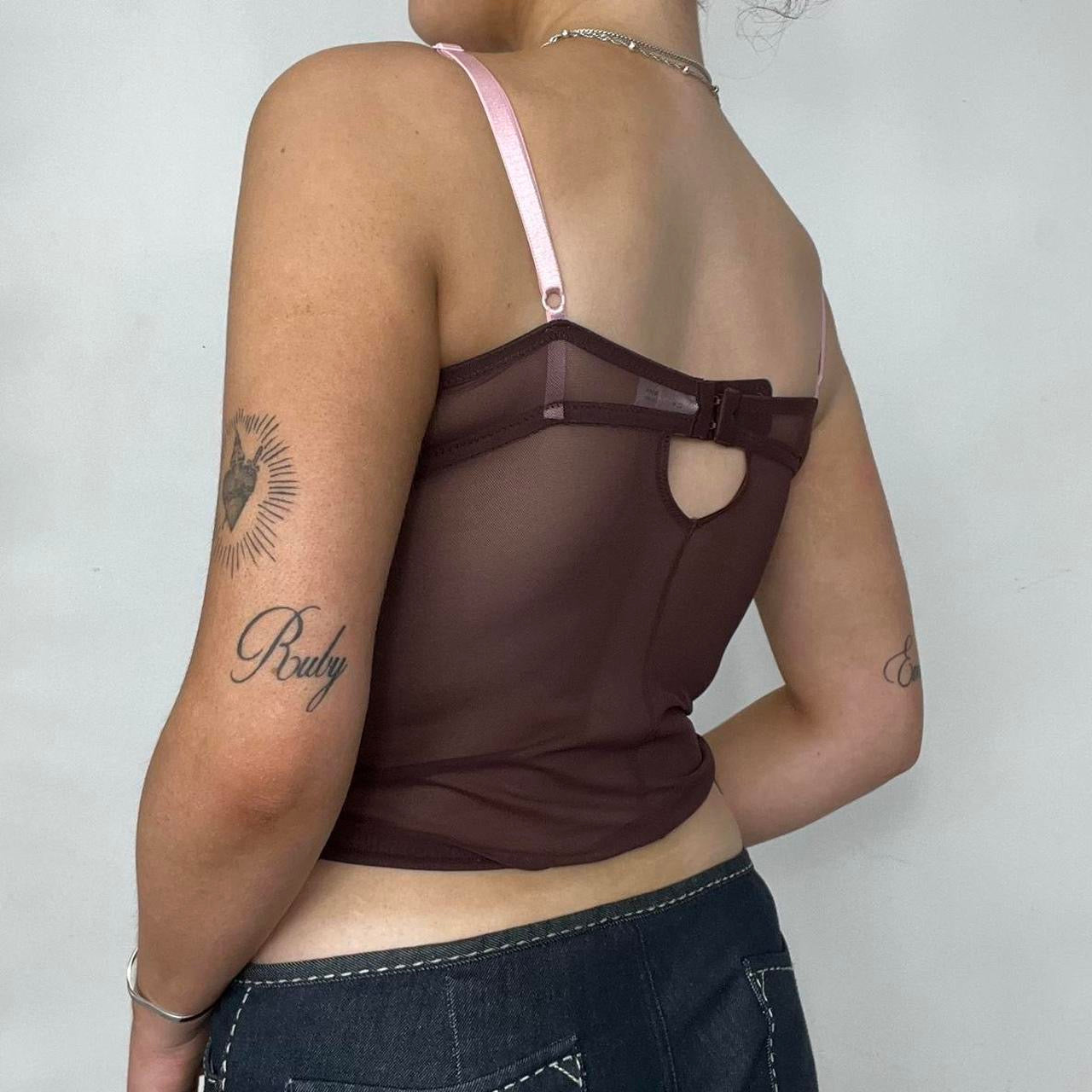 90s Burgundy Mesh Embroidered Lingerie Cami Top