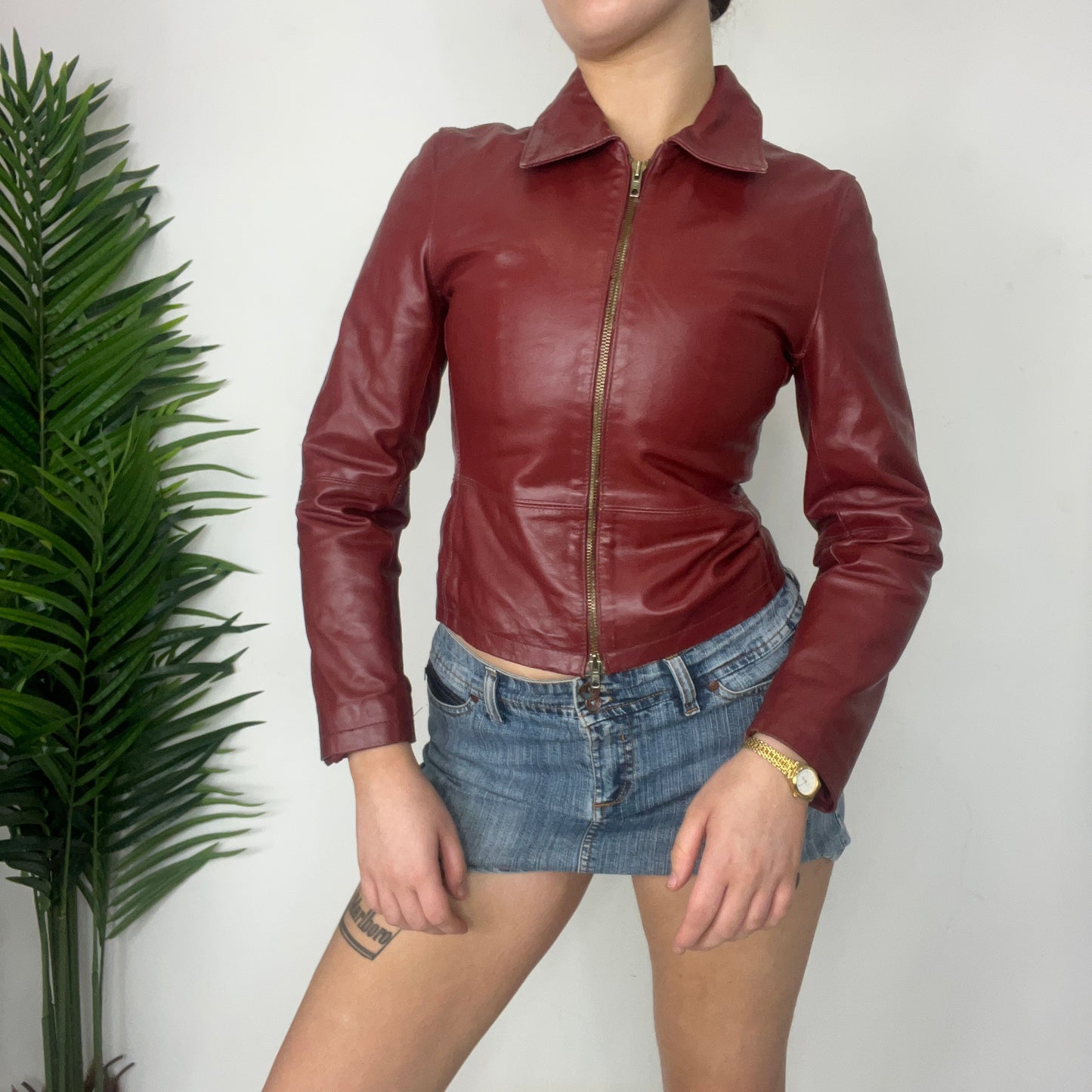 Y2K Burgundy Zip Leather Jacket