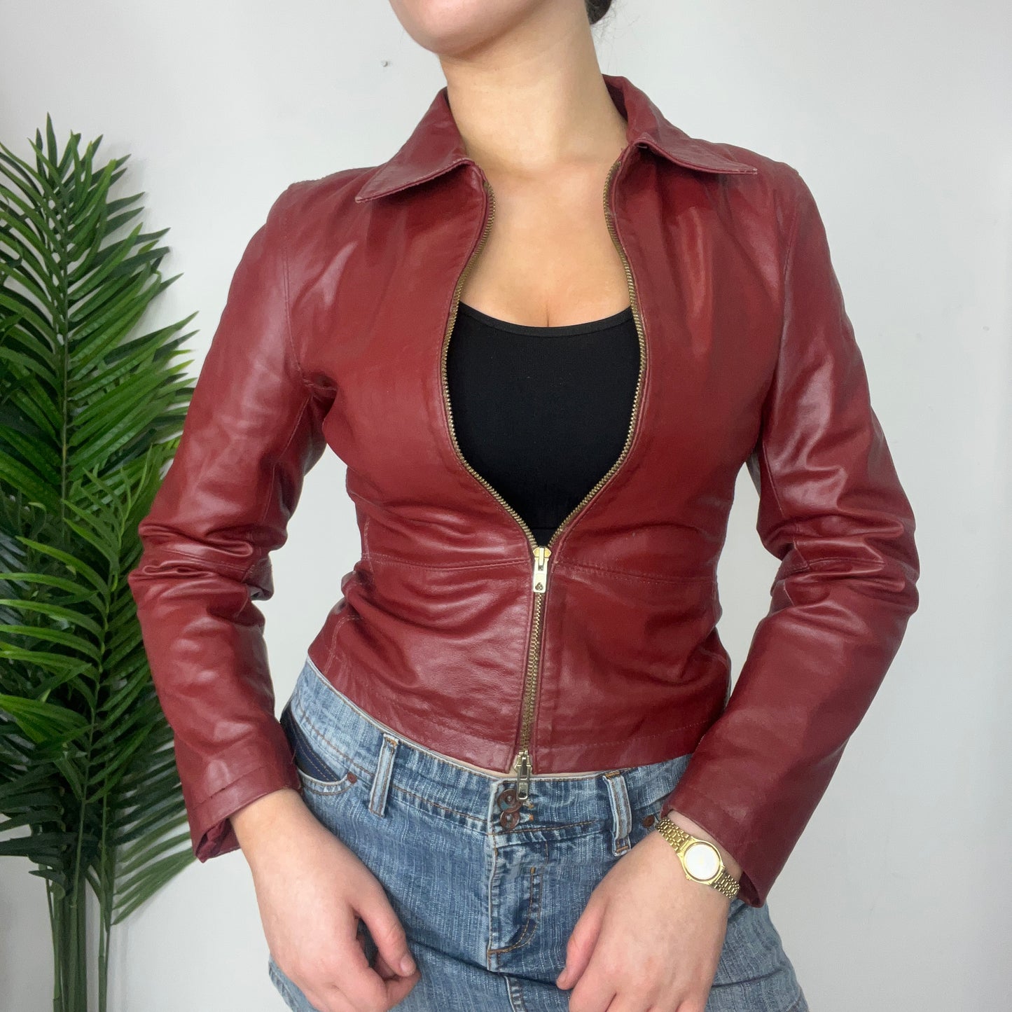 Y2K Burgundy Zip Leather Jacket