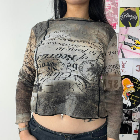 90s 3/4 Length Sleeve Graphic Print Mesh Top