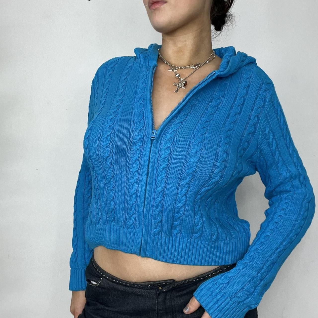 90s Blue Knit Zipped Hooded Cardigan