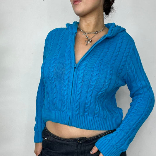 90s Blue Knit Zipped Hooded Cardigan