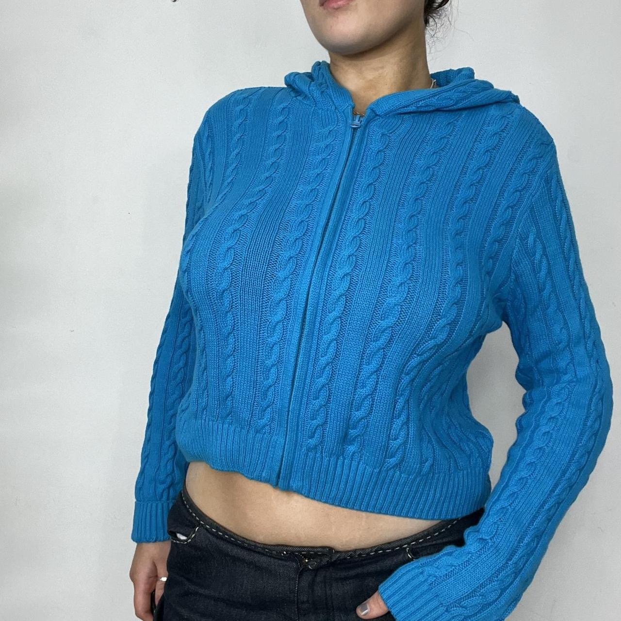 90s Blue Knit Zipped Hooded Cardigan