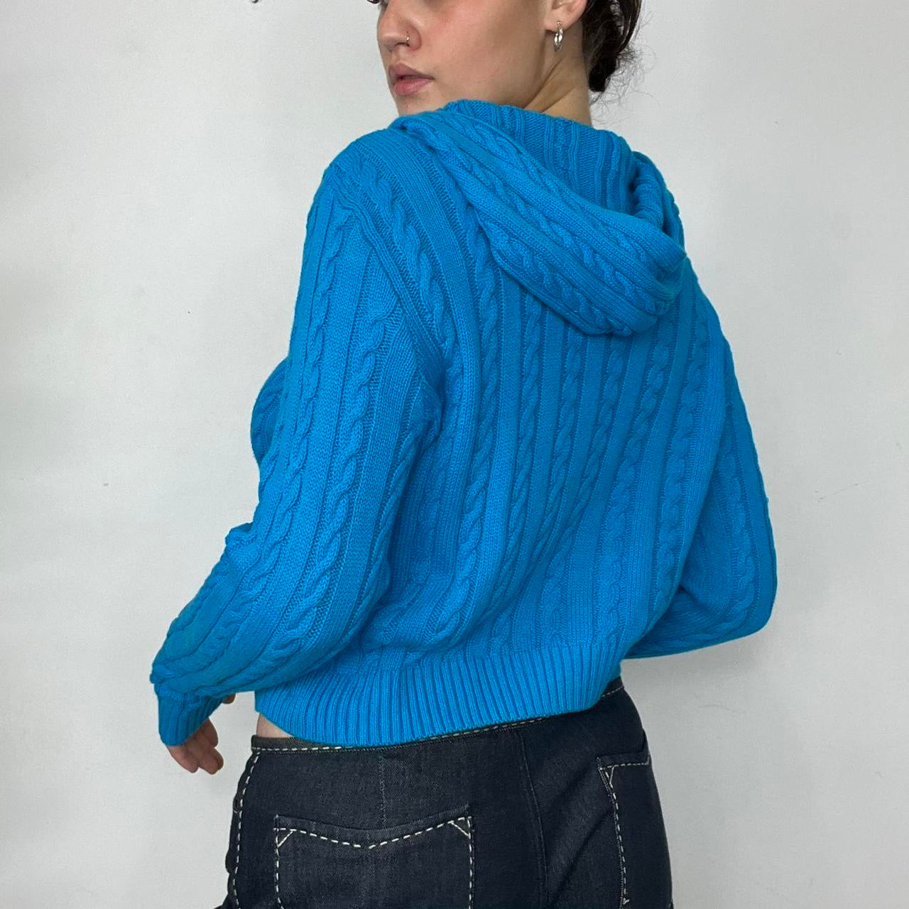 90s Blue Knit Zipped Hooded Cardigan