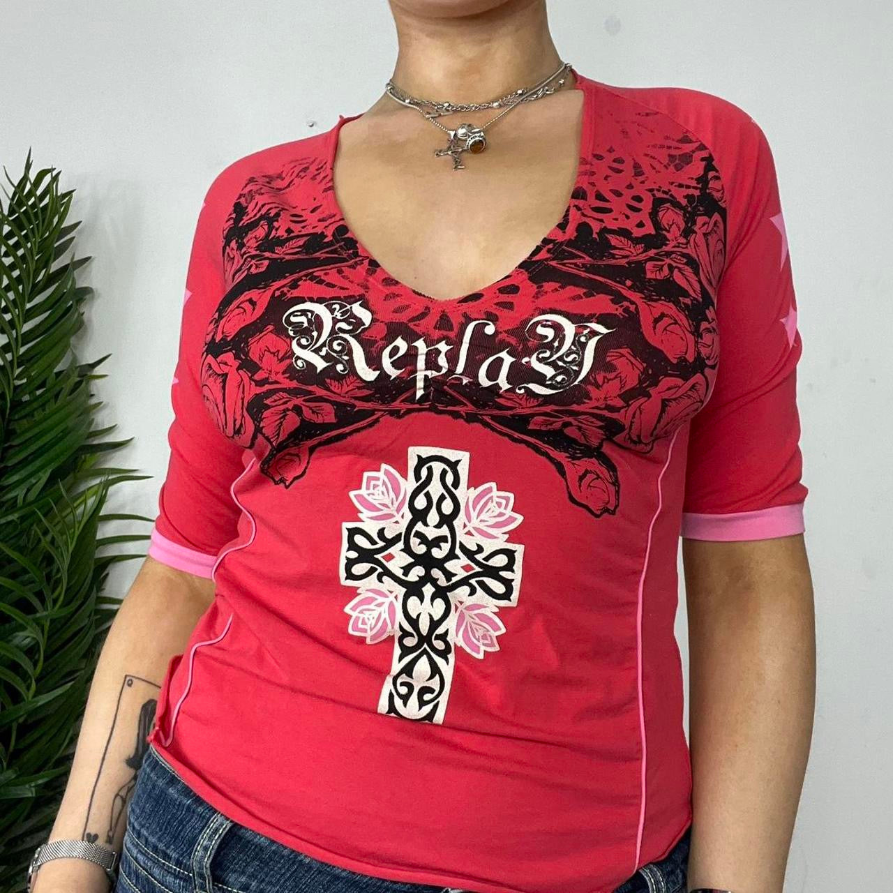 90s Replay Gothic Tribal Red T-Shirt