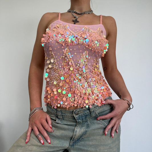 Y2K Pink Sequin Mesh Vest Top - S/M