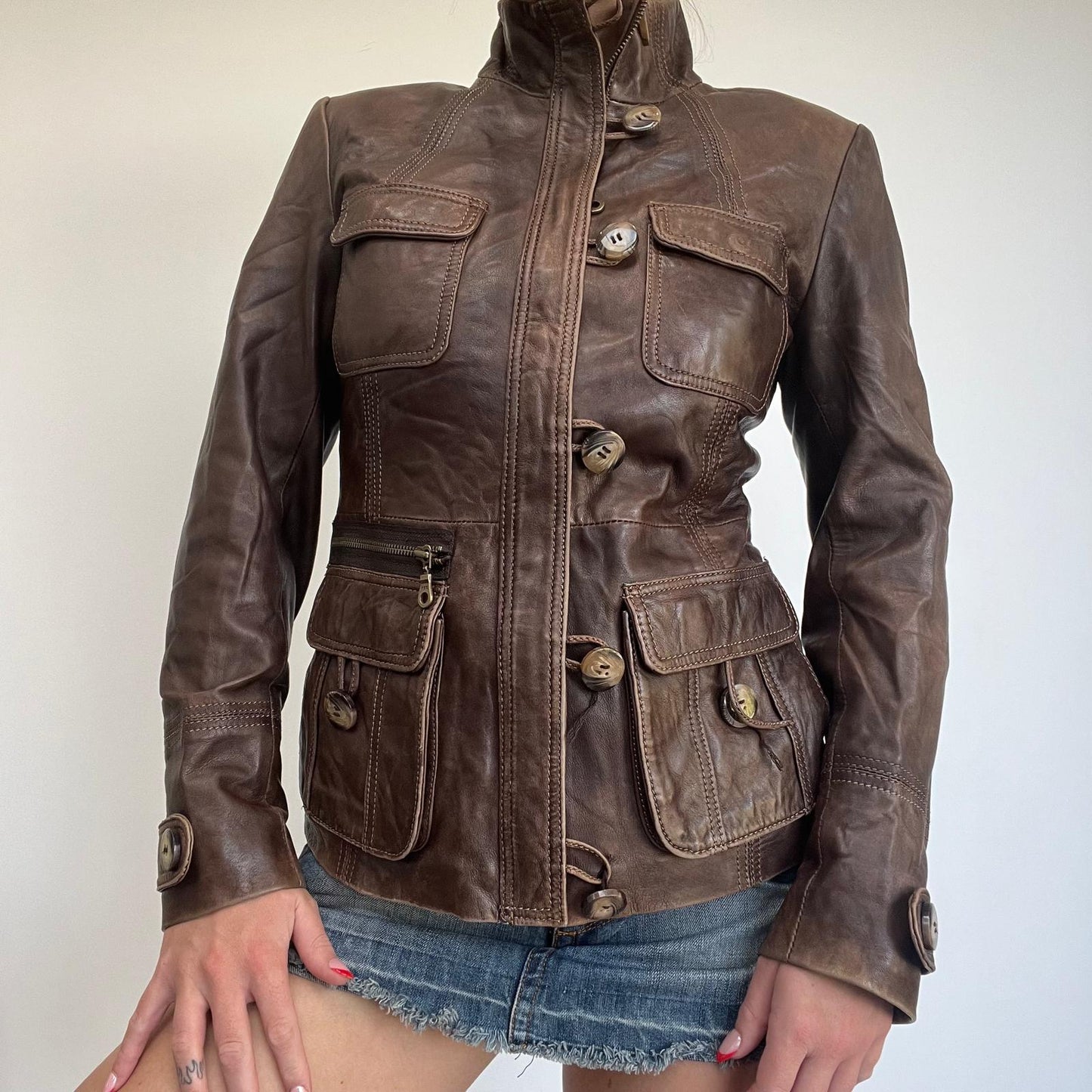 y2k brown leather button up utility jacket