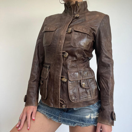 y2k brown leather button up utility jacket