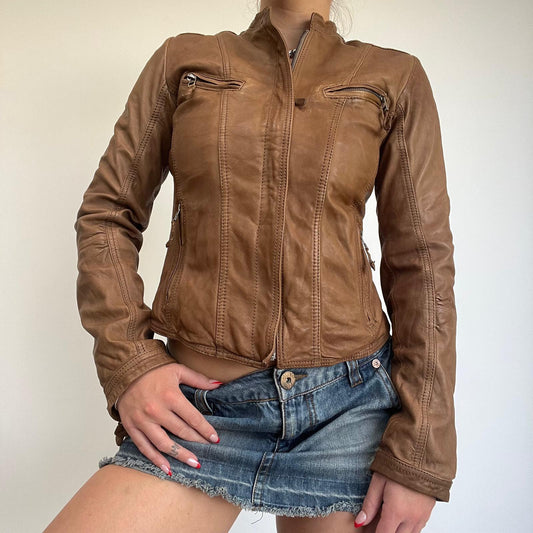 brown leather Moto jacket with flare sleeves