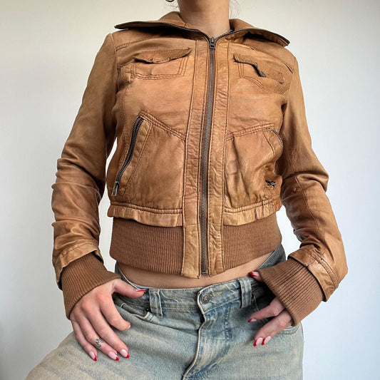 Brown Leather Zip Up Jacket with Statement Collar - S