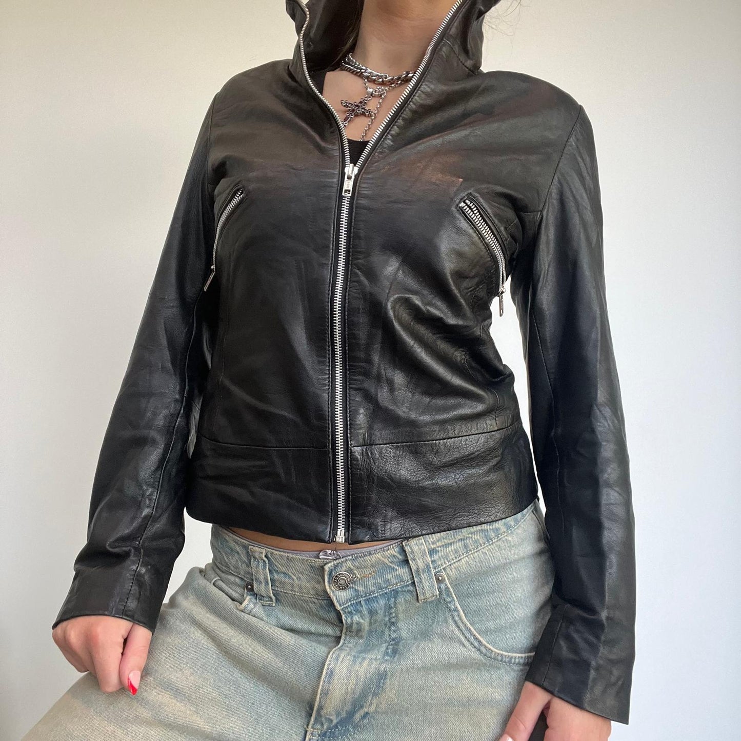 Y2K Black Leather Jacket with Silver Zip - S