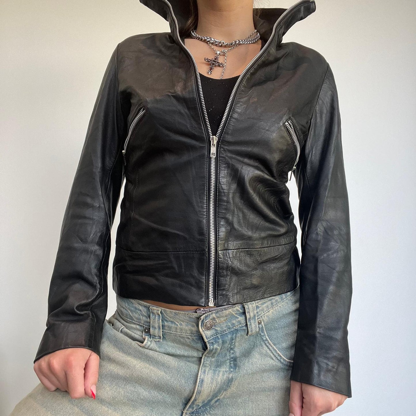 Y2K Black Leather Jacket with Silver Zip - S