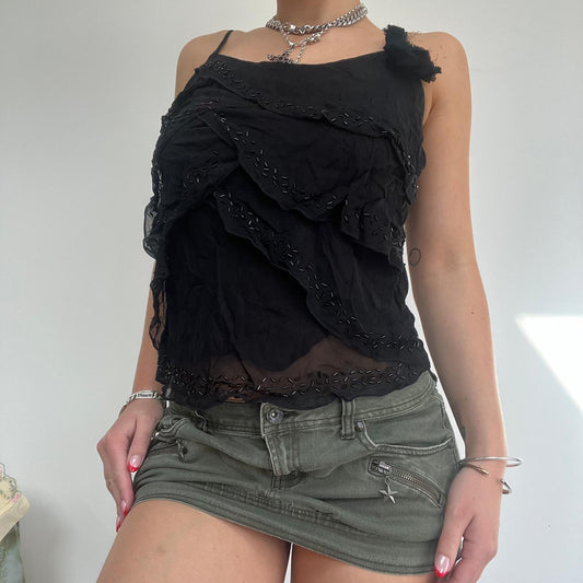 Black Ruffle Strappy Vest Morgan De Toi Cami with Flower Detail