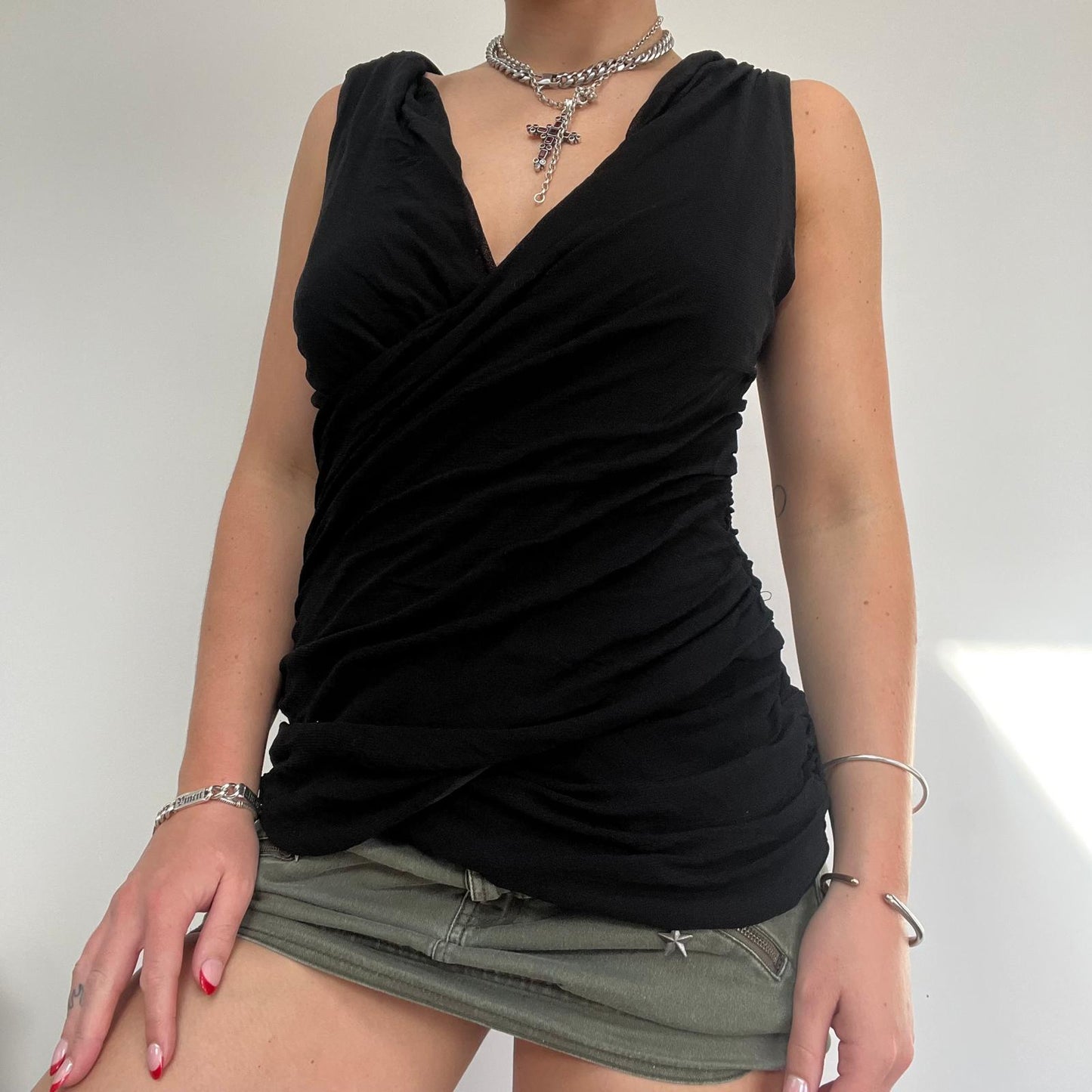 y2k Black Short Sleeve Wrap Draped Top