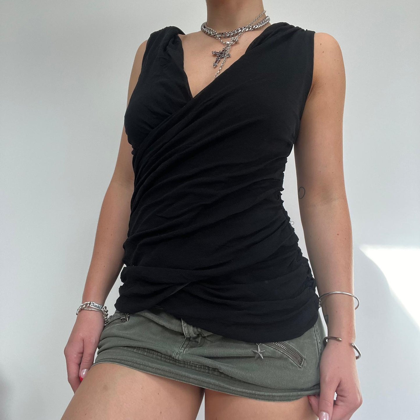 y2k Black Short Sleeve Wrap Draped Top