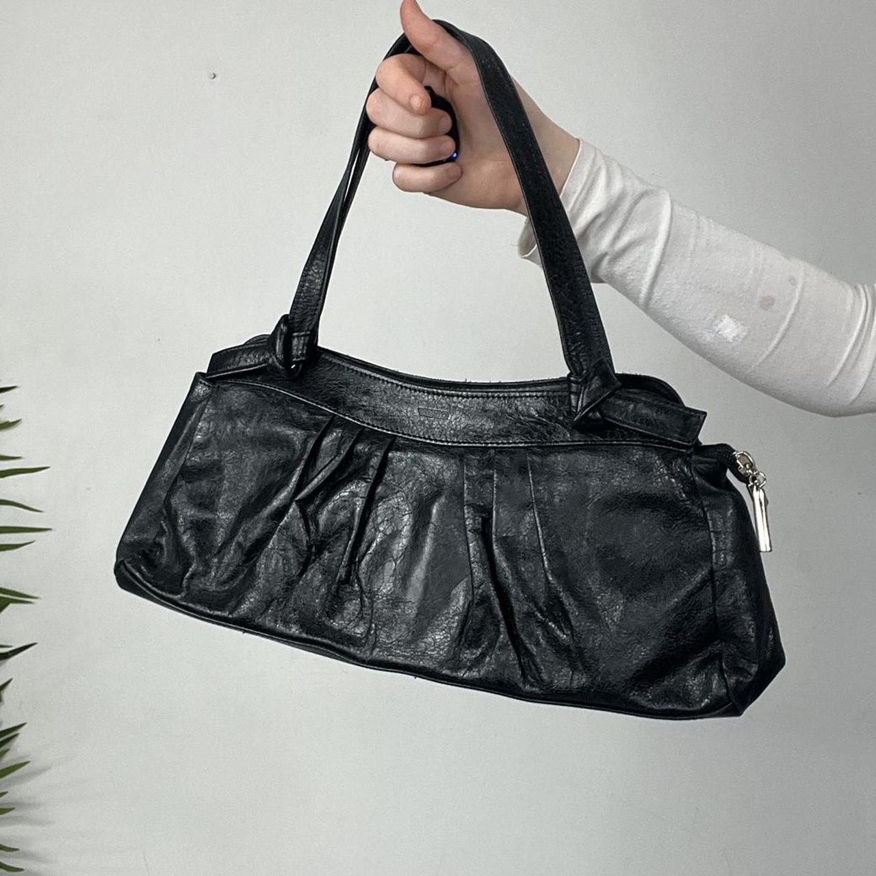 90s Black Ruched Leather Shoulder Bag