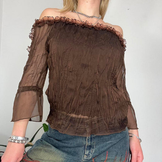 90s Brown Crinkle Off Shoulder Top