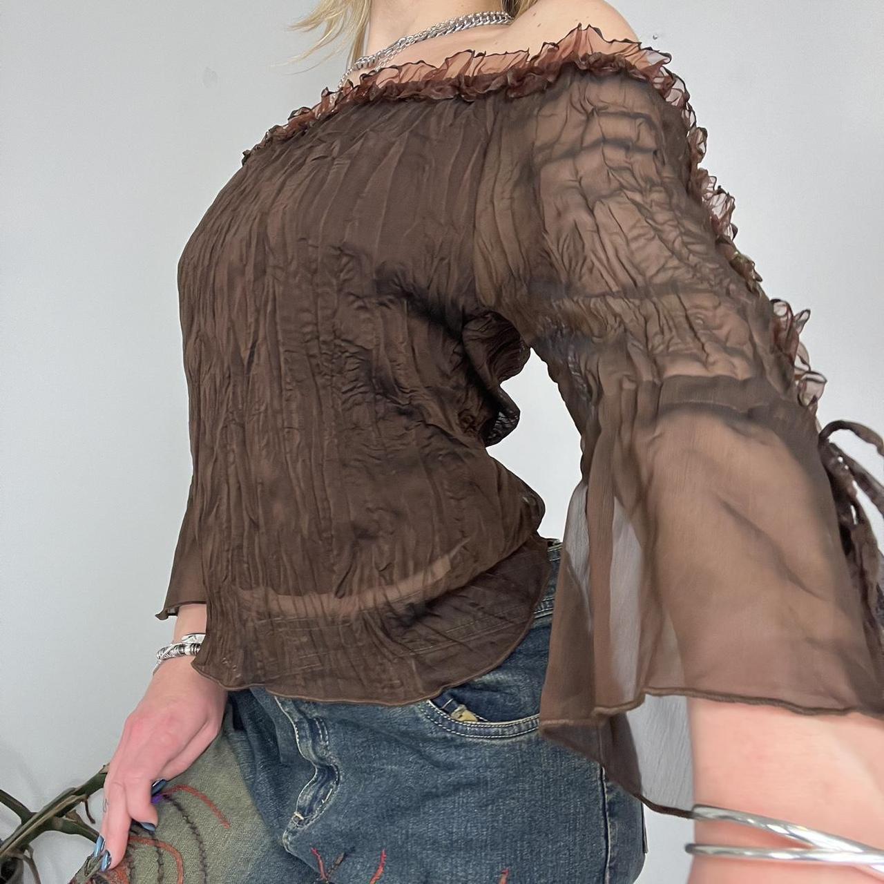 90s Brown Crinkle Off Shoulder Top