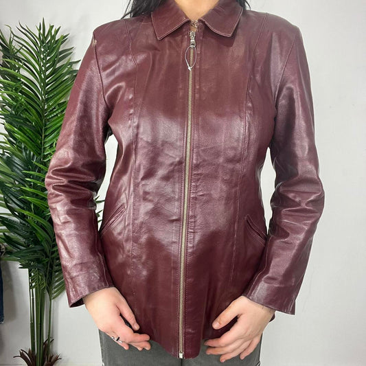 90s Burgundy Leather Zip up Jacket