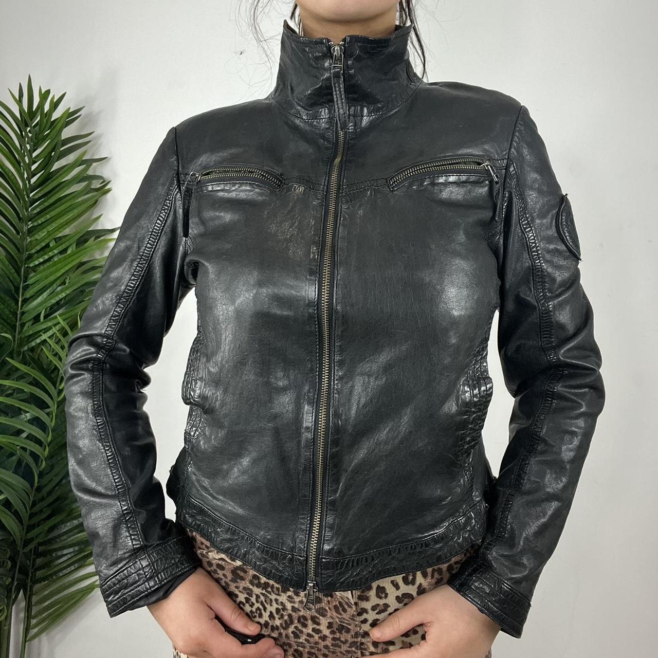 90s Black Leather Embroidered Moto Jacket