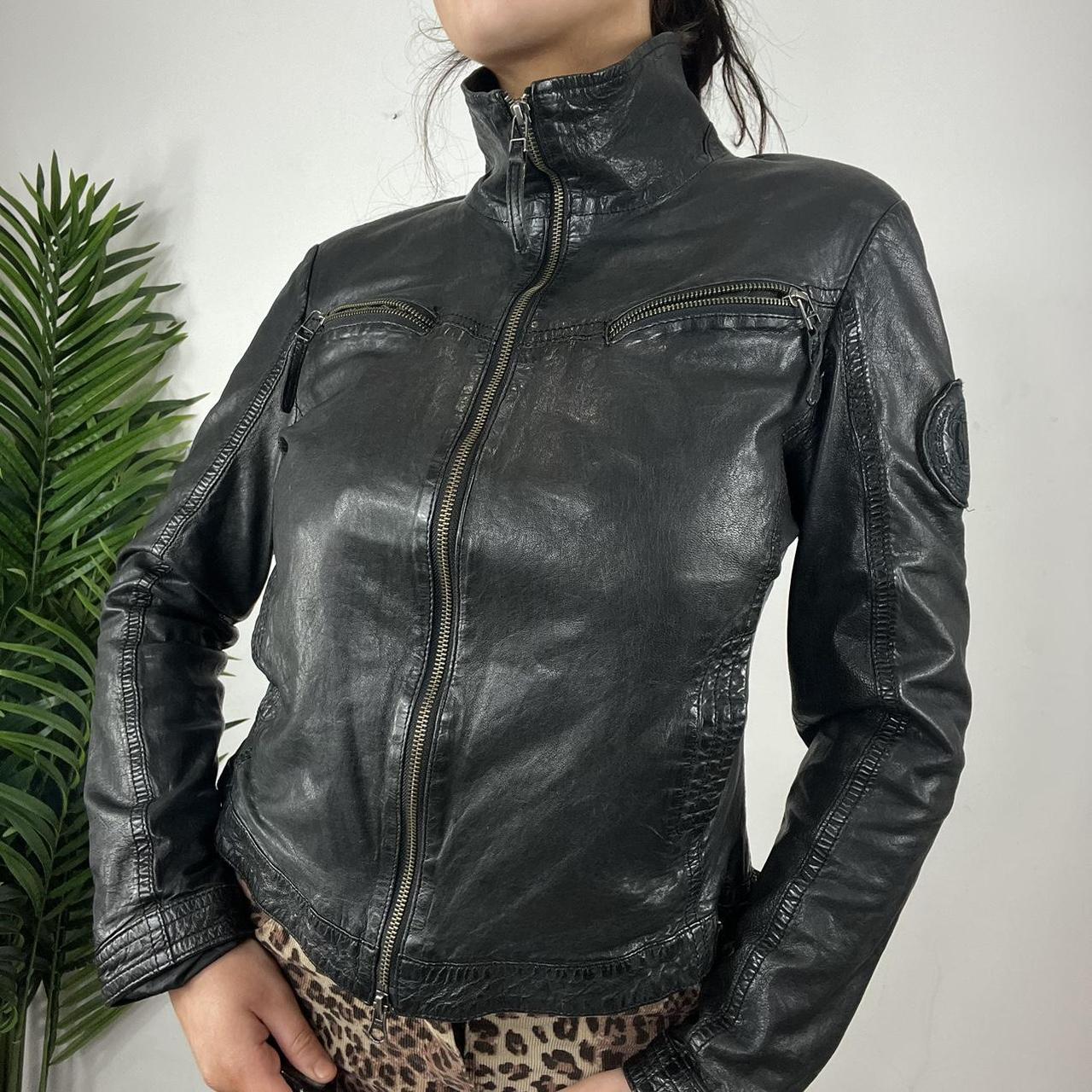 90s Black Leather Embroidered Moto Jacket