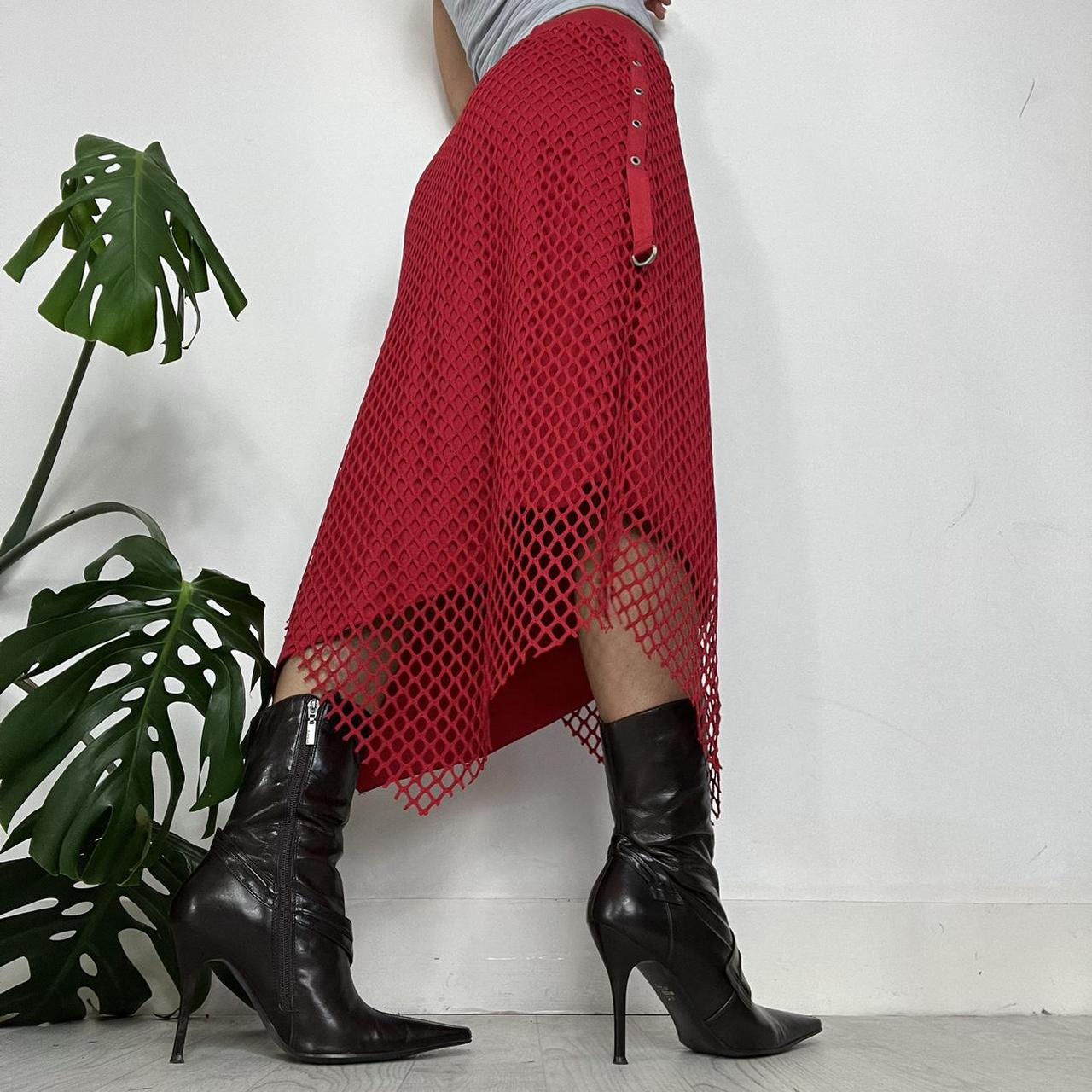 Midaxi red fishnet asymmetric skirt