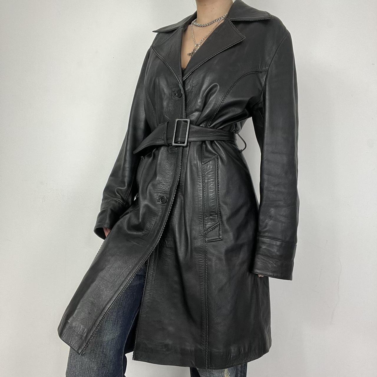 Leather trench coat with buckle detail