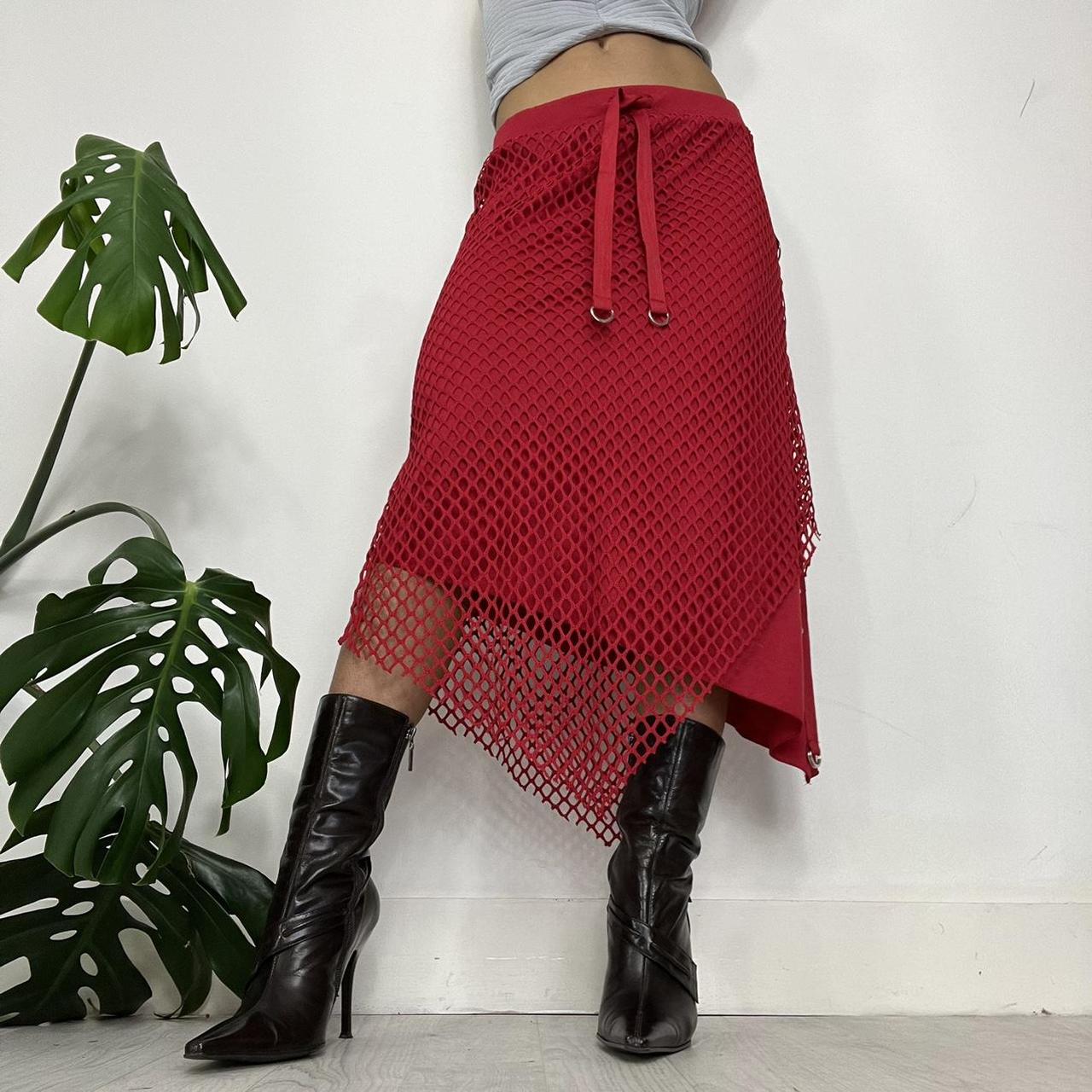 Midaxi red fishnet asymmetric skirt